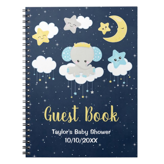 Elephant Yellow and Navy Baby Shower Guest Book (Front)