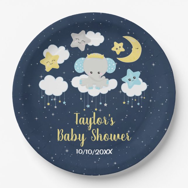Elephant Yellow and Navy Baby Shower Paper Plate (Front)