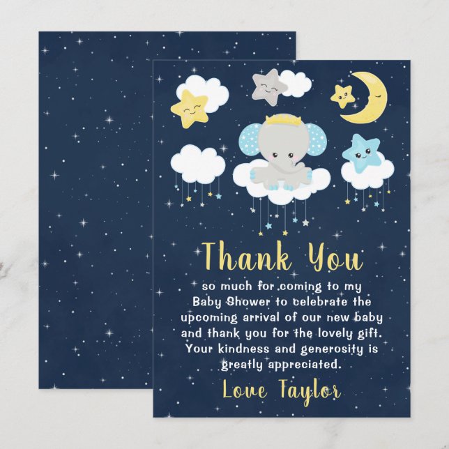 Elephant Yellow and Navy Baby Shower Thank You Card (Front/Back)