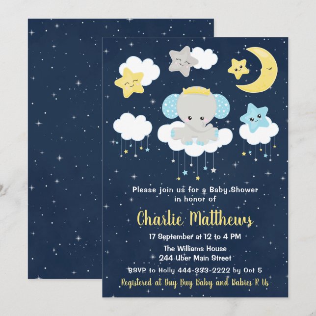 Elephant Yellow and Navy Blue Baby Shower Invitation (Front/Back)