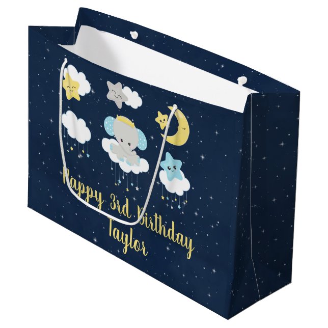Elephant Yellow and Navy Happy Birthday Large Gift Bag (Front Angled)