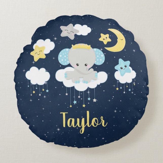 Elephant Yellow and Navy Round Cushion (Front)