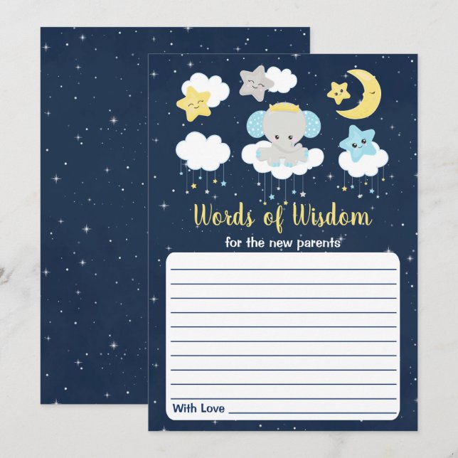 Elephant Yellow Navy Baby Shower Words of Wisdom Invitation (Front/Back)