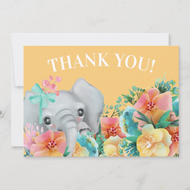 Elephant Yellow Pink Teal Floral Thank You Card (Front)