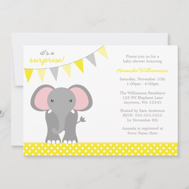 Elephant Yellow Polka Dot Banner Baby Shower Invitation (Front)