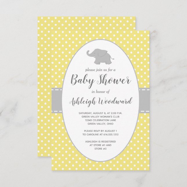 Elephant Yellow Polka Dot Neutral Baby Shower Invitation (Front/Back)