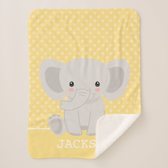 Elephant Yellow Polka Dot Personalised Boy Sherpa Blanket (Front)