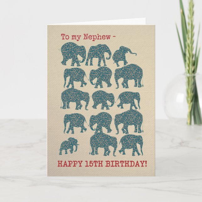 Elephants 15th Birthday Card for Nephew (Front)
