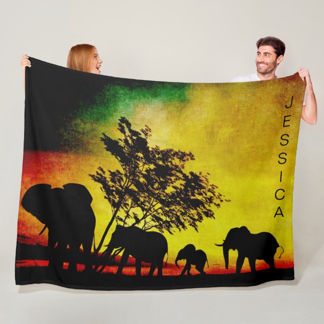 Elephants African Colourful Sunset Customisable Fleece Blanket (In Situ)