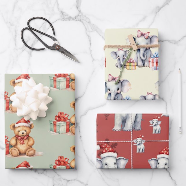 Elephants and Bears for Christmas Wrapping Paper Sheet (Front)