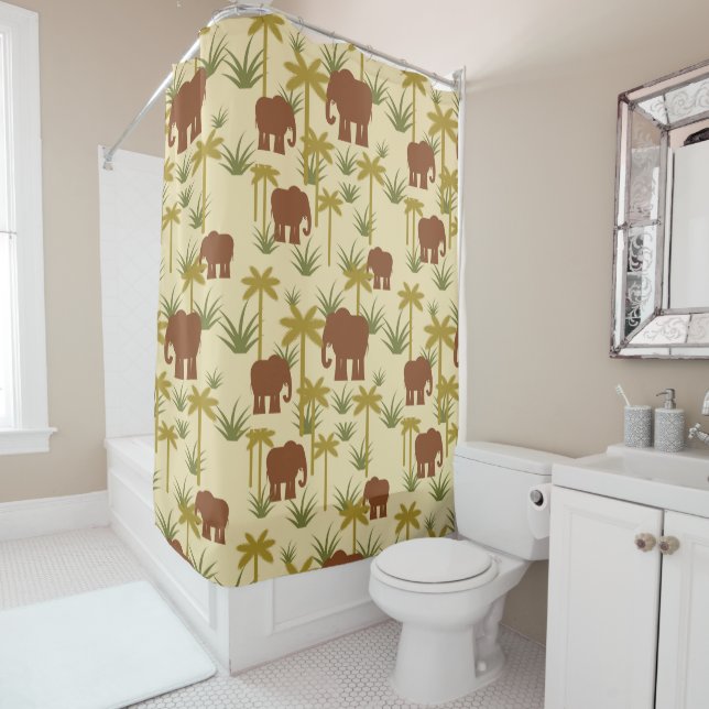 Elephants And Palms In Camouflage Shower Curtain (In Situ)