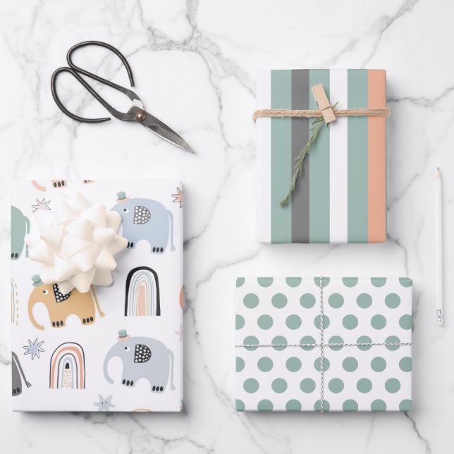 Elephants and Rainbows Wrapping Paper Set (Front)