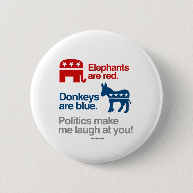 ELEPHANTS ARE RED. DONKEYS ARE BLUE. 6 CM ROUND BADGE (Front)