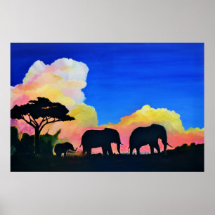 Elephants At Dusk Poster