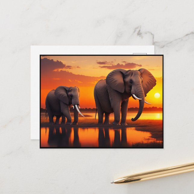 Elephants at Sunrise (AI generated) Postcard (Front/Back In Situ)