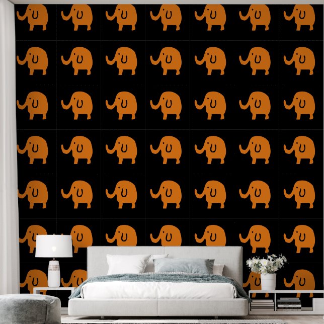 Elephants Baby Animal Patterns Cute Orange Black Wallpaper (Bedroom)