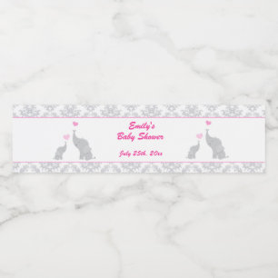 Elephants Baby Shower Bottle Label Girl Pink Grey