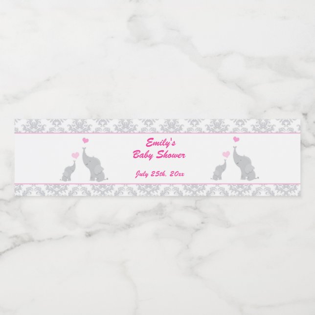Elephants Baby Shower Bottle Label Girl Pink Grey (Single Label)