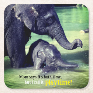 Elephants bathing in river square paper coaster