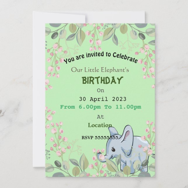 Elephant's birthday  invitation (Front)
