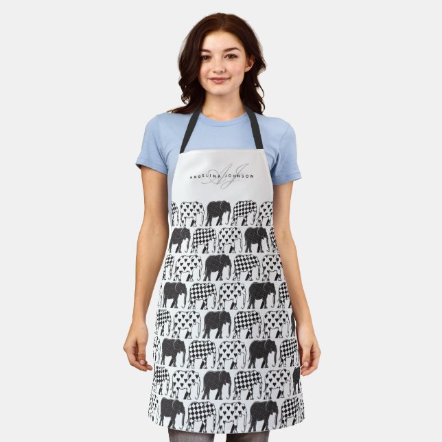 Elephants Black and White Pattern Name Apron (Worn)