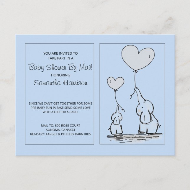 Elephants Blue Baby Boy Baby Shower By Mail Invitation Postcard (Front)