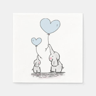 Elephants   Blue Heart Balloons Baby Shower Napkin