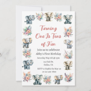 Elephants & Boho Jungle Flowers Birthday Invitation
