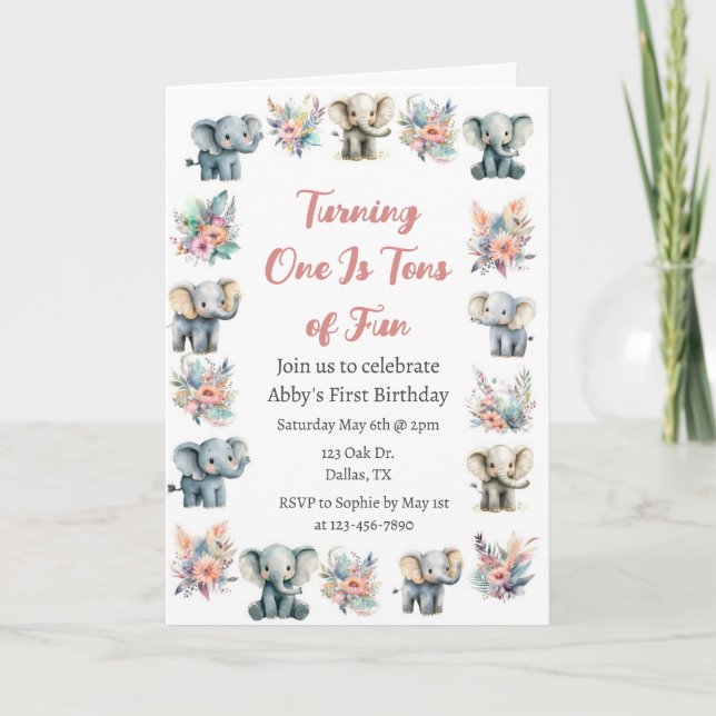 Elephants & Boho Jungle Flowers Birthday Invitation (Front)