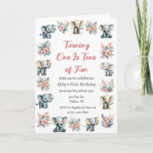 Elephants & Boho Jungle Flowers Birthday Invitation