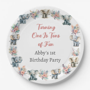Elephants & Boho Jungle Flowers Birthday Paper Plate