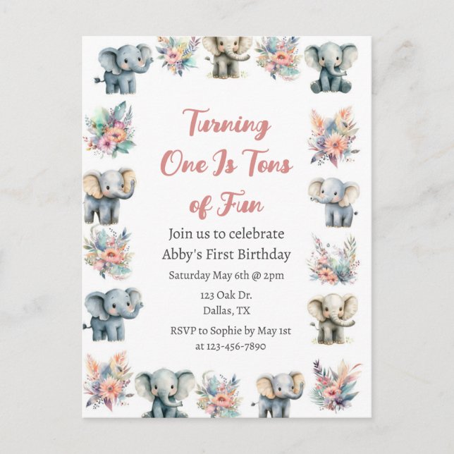 Elephants & Boho Jungle Flowers Birthday Postcard (Front)