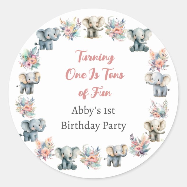 Elephants & Boho Jungle Flowers Birthday Sticker (Front)