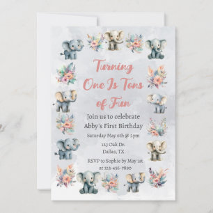 Elephants & Boho Jungle Flowers on Grey Birthday Invitation