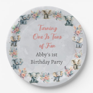 Elephants & Boho Jungle Flowers on Grey Birthday Paper Plate