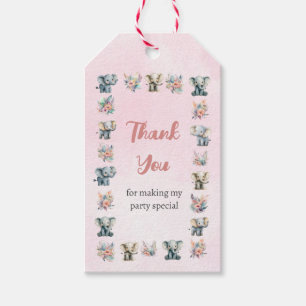 Elephants & Boho Jungle Flowers on Pink Birthday Gift Tags