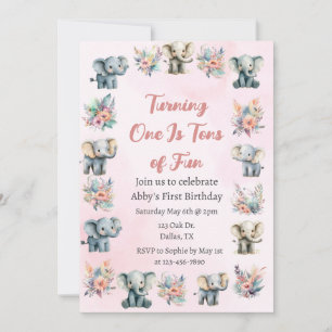 Elephants & Boho Jungle Flowers on Pink Birthday Invitation
