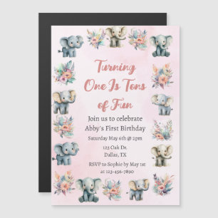 Elephants & Boho Jungle Flowers on Pink Birthday Magnetic Invitation
