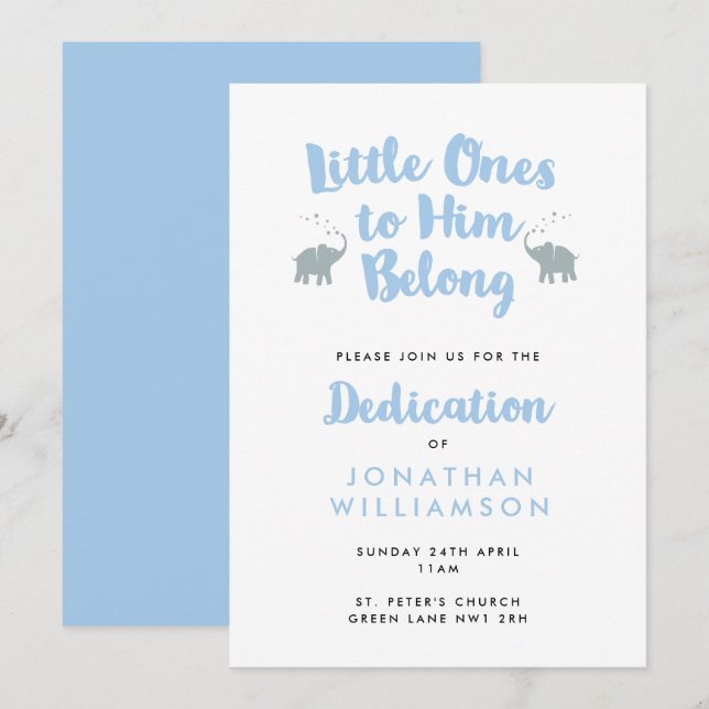 Elephants Christian Dedication Invitation | Blue (Front/Back)
