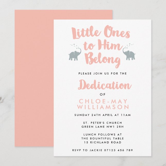 Elephants Christian Dedication Invitation | Coral (Front/Back)
