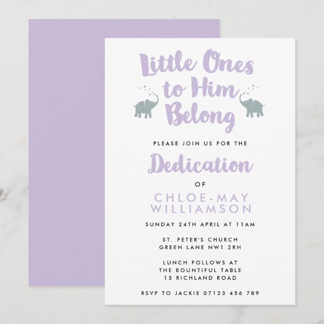 Elephants Christian Dedication Invitation | Lilac (Front/Back)