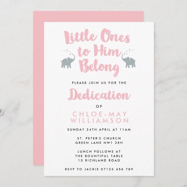 Elephants Christian Dedication Invitation | Pink (Front/Back)