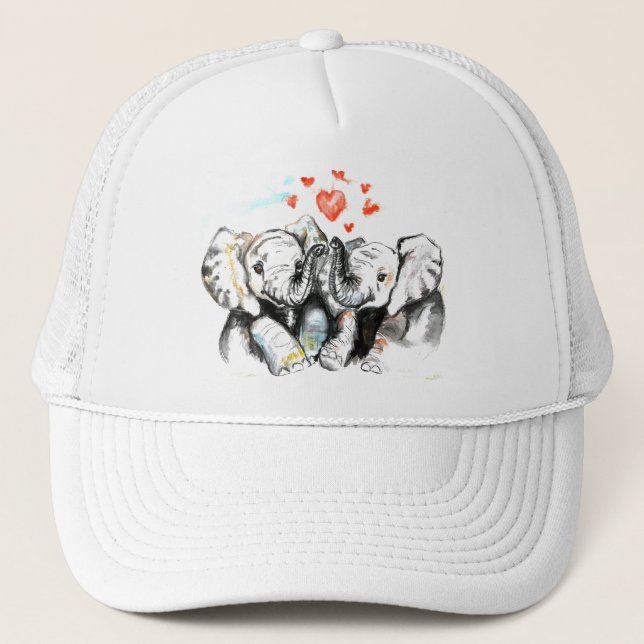 Elephants Couple Love Trucker Hat Painting (Front)