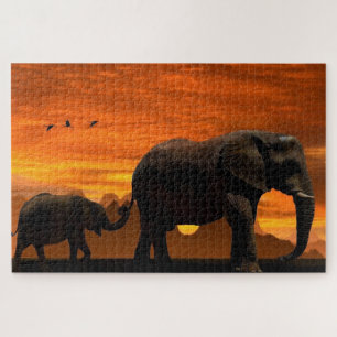 Elephants Family Jigsaw Puzzle At Sunset Sky
