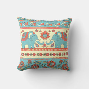 Elephants, flowers, ethnic striped pattern cushion