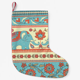 Elephants, flowers, ethnic striped pattern small christmas stocking