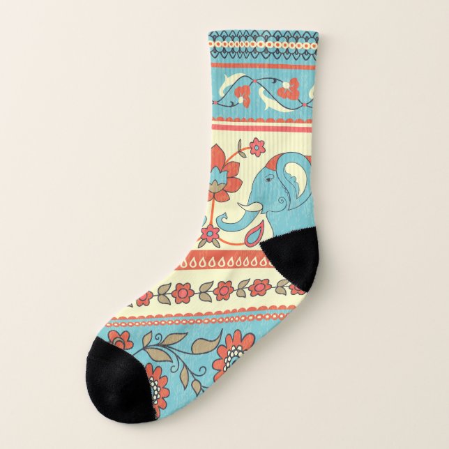 Elephants, flowers, ethnic striped pattern socks (Left Outside)