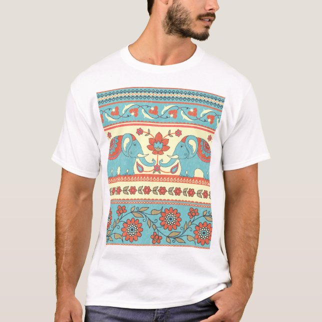 Elephants, flowers, ethnic striped pattern T-Shirt (Front)