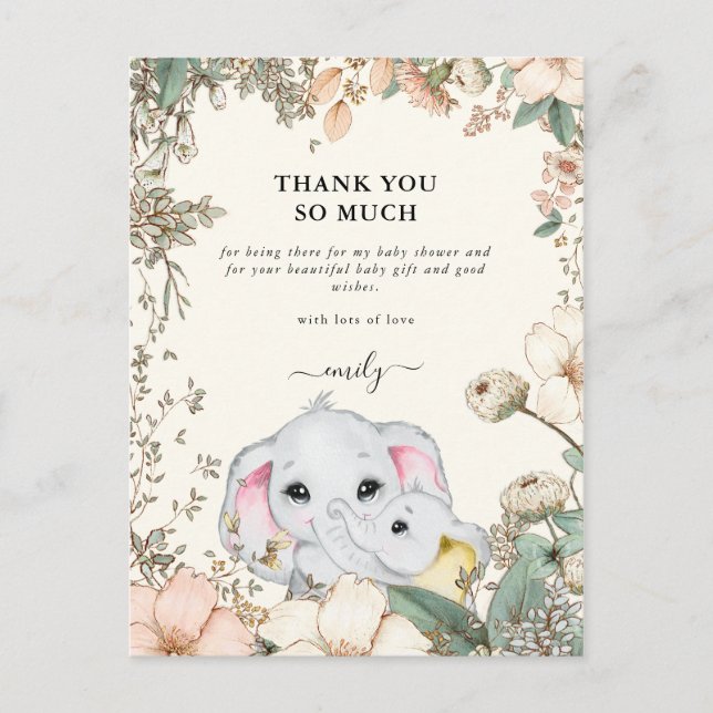 Elephants Foliage Cream Baby Shower Thank You Postcard (Front)