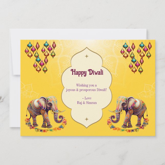 Elephants Happy Diwali Greeting Yellow Gold  Holiday Card (Front)